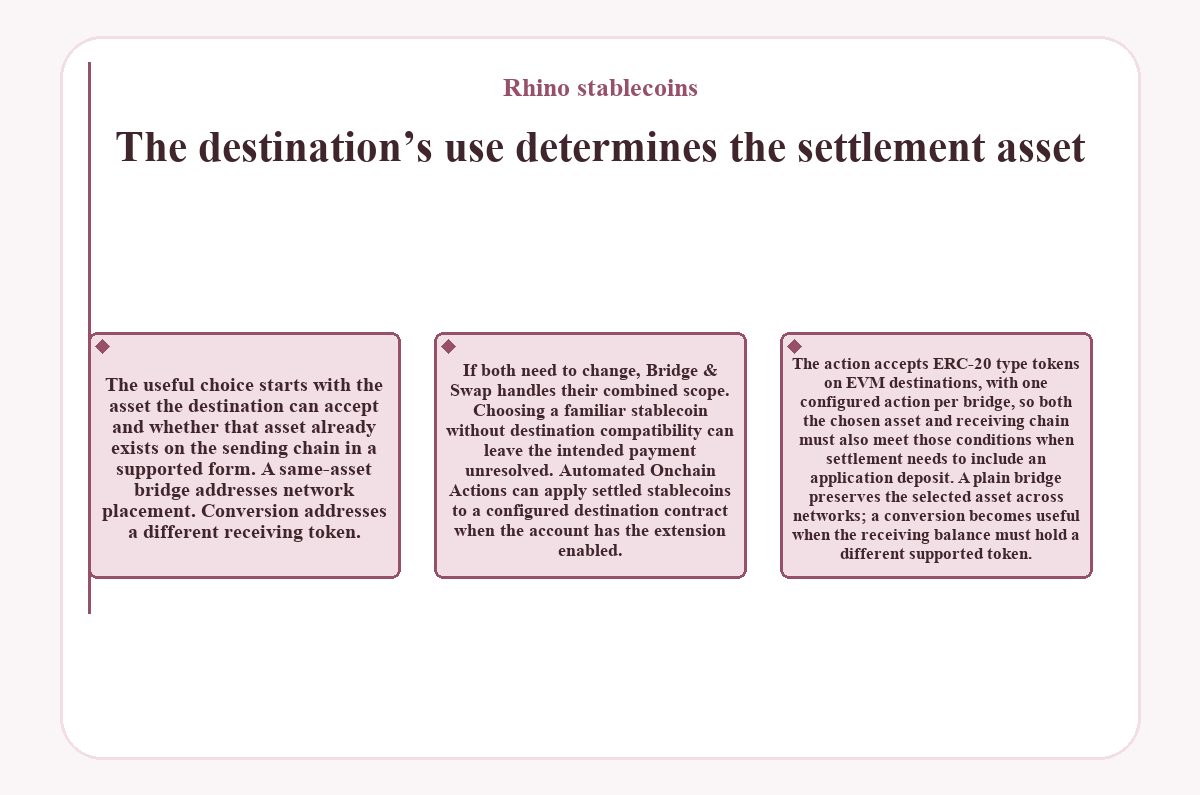 Diagram: The destination’s use determines the settlement asset (Rhino stablecoins)